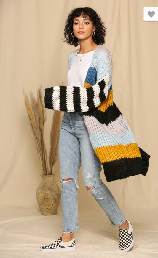 Multi stripe lets have some fun knitted long cardigan 100 % cotton