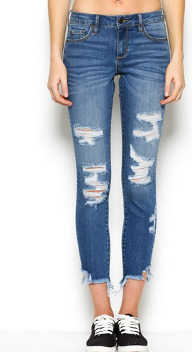 HIDDEN  Medium Wash Distressed Skinny w Uneven Hem