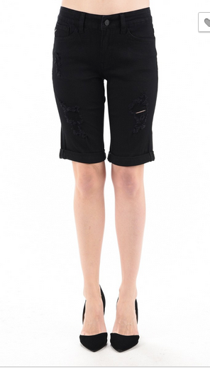 KAN CAN MID RISE BERMUDA SHORTS IN BLACK