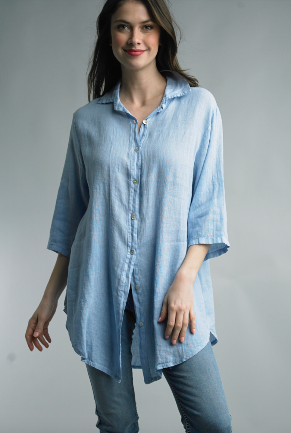 SKY BUTTON FRONT LINEN TUNIC