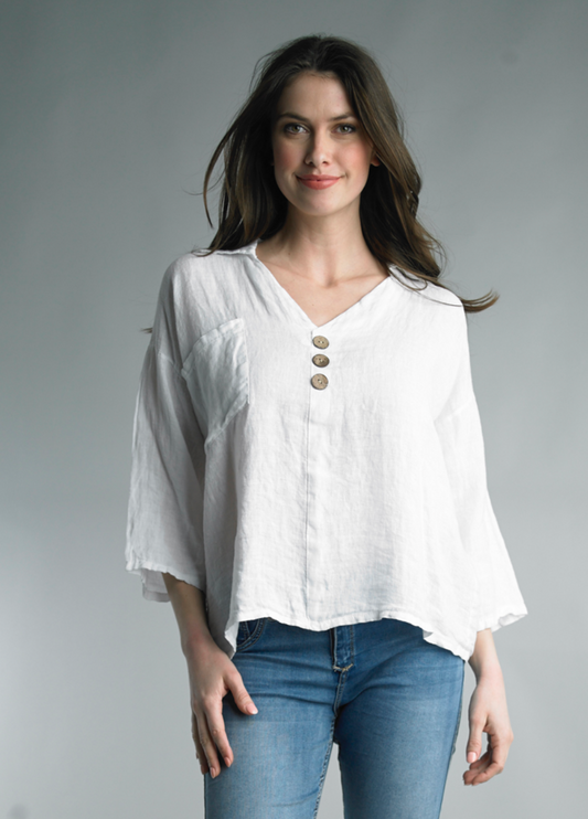 WHITE COLLARED 3 BUTTON LINEN TOP