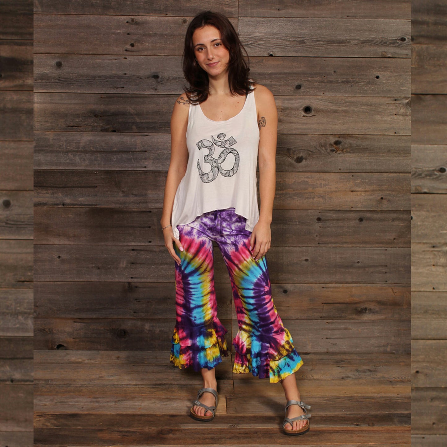 RAINBOW TYE DYE CAPRIS WITH A RUFFLE