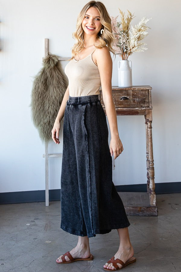 MINERAL WASHED ELASTIC WAIST WIDE LEG PANTS