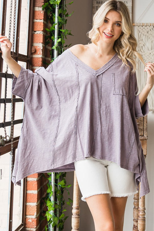 MINERAL WASHED OVERSIZE V NECK TOP  IN LAVENDER