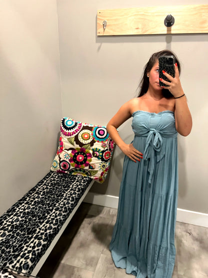 CHAMBRAY OFF SHOULDER MAXI DRESS