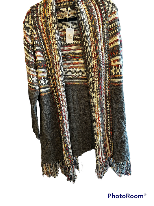 TRIBAL STRIPE CARDIGAN  WITH FRINGE IN OLIVE