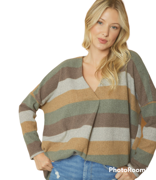 VNECK FRONT PLACKET STRIPED SWEATER