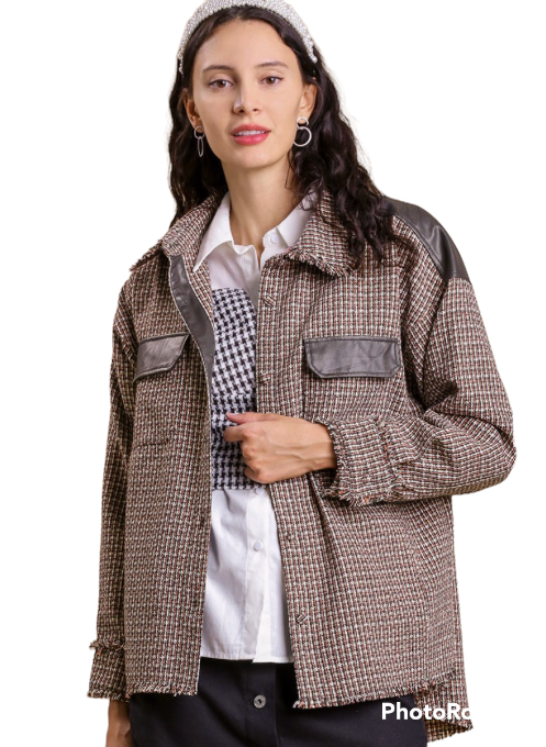 Tweed Collared Jacket with Leather Details and Unfinished Hem