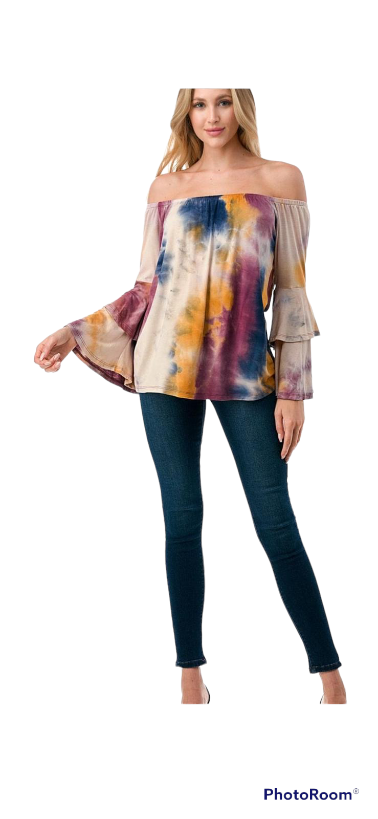 VAVA LOLA DOUBLE BELL SLEEVE TOP IN TEAL MUSTARD TYE DYE