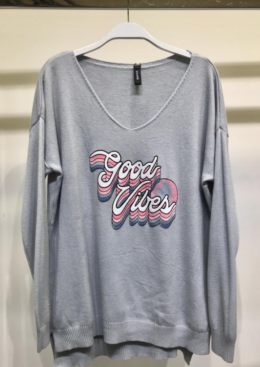 GOOD VIBES V NECK LONG SLEEVE SWEATER KNIT TOP ONE SIZE