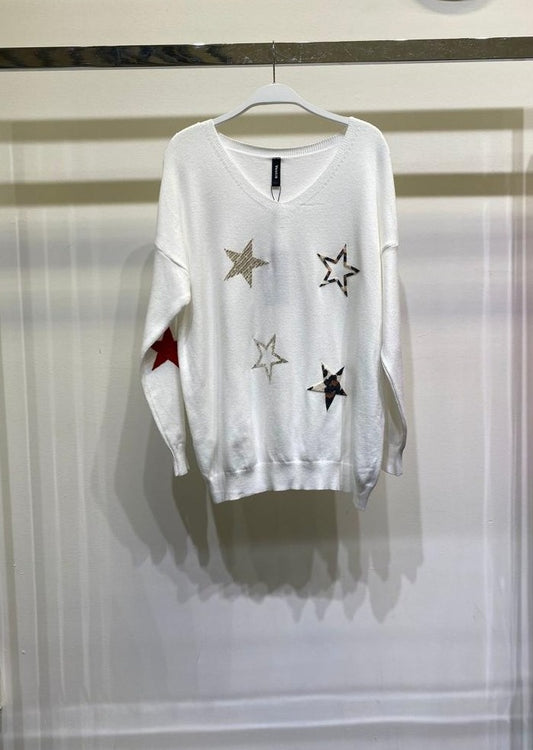 STAR SEQUIN AND LEOPARD PRINT LIGHT KNIT SWEATER IN O/S