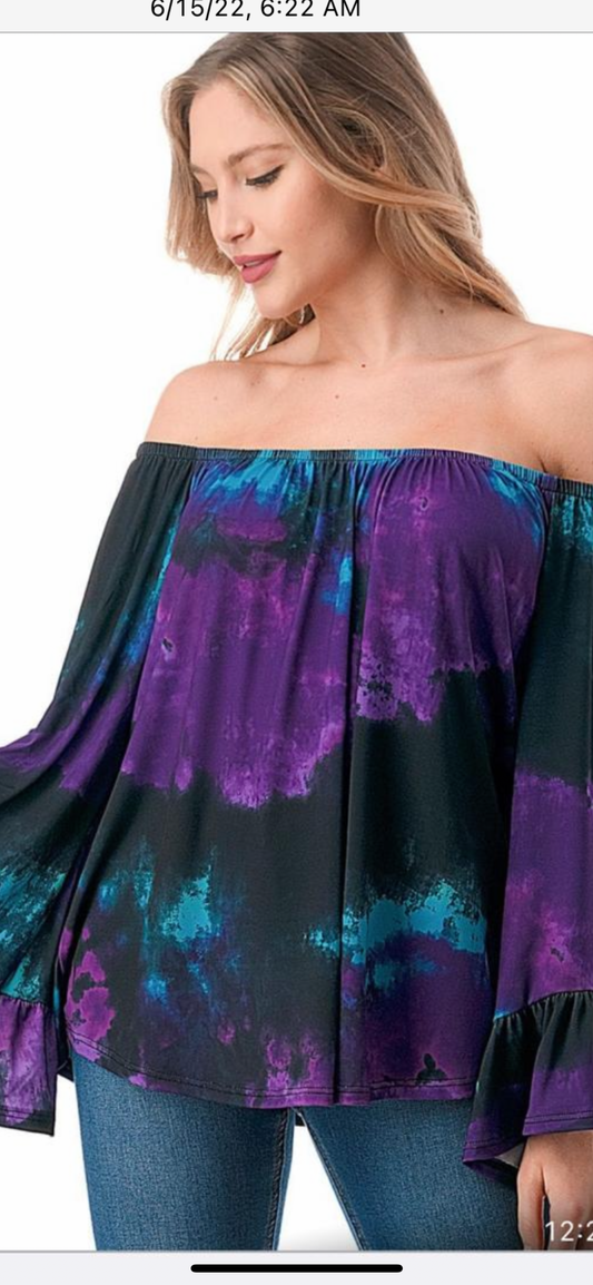 VAVA CORDELIA OFF SHOULDER TOP IN PURPLE/GREEN TYE DYE