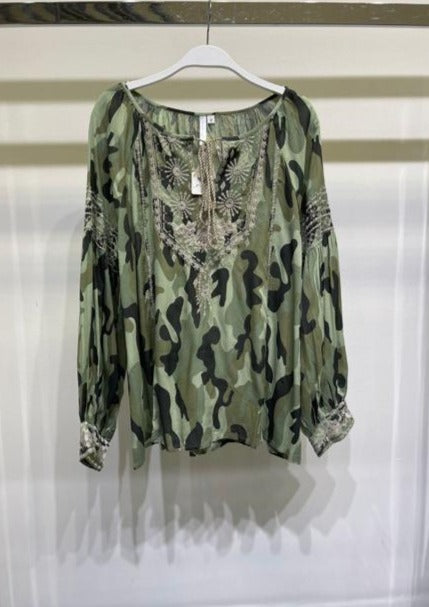 CAMO BOHO EMBROIDERED BUBBLE TOP