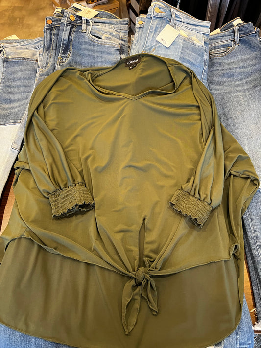 ALYSSA THOMAS SMOCKED SLEEVE TOP IN ARMY GREEN