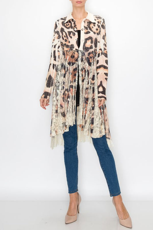 ANIMAL PRINT SWEATER CARDIGAN WITH LACE