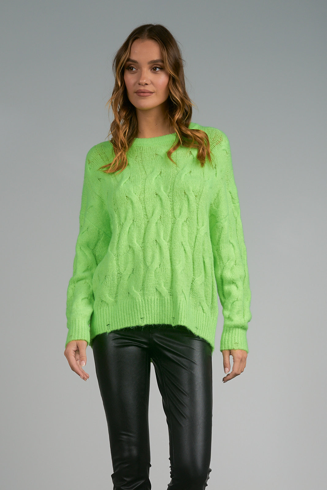 ELAN F21  Sweater Crewneck Cable in LIME