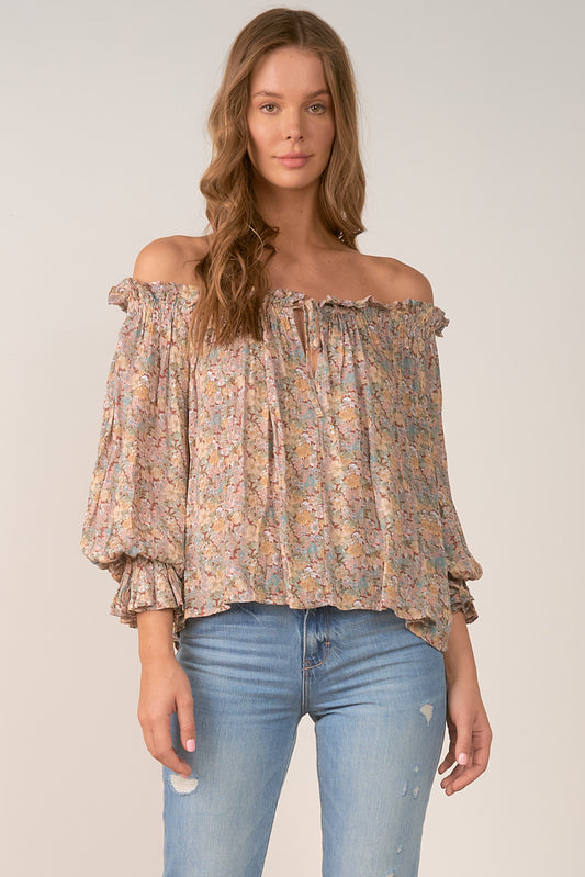 ELAN SP22 Top L/S Off Shoulder IN  FLORAL DUSTY ROSE